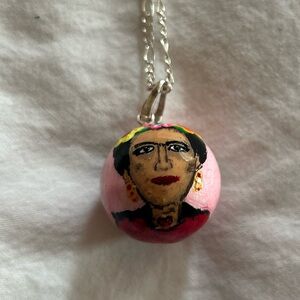 .925 Sterling Silver. Chime Bell Ball Pendant with Frida Kahlo. Hand Painted.